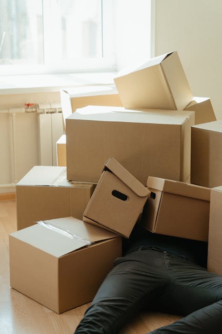 Inside a well-lit room with a large window allowing natural light, several cardboard boxes of various sizes are stacked and scattered on the wooden floor near a radiator. Some boxes are sealed with packing tape, while others are partially open or leaning against each other, indicating an active packing or packing removal process. A black trash bag is visible among the boxes, and a person's legs in dark trousers are seen lying on the floor beneath the boxes, suggesting a person is in the process of moving or unpacking. The scene reflects the typical packing and loading stage of home relocation services, with a focus on household items ready for transportation. The presence of multiple boxes and the arrangement imply a managed move, possibly handled by [COMPANY_NAME], supporting efficient furniture transport or end-of-tenancy removals, as referenced in the page title. Spring daylight illuminates the environment, emphasizing the organized chaos associated with removals and packing.