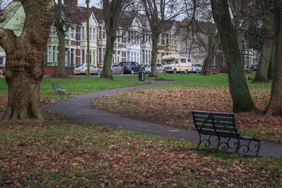 A narrow winding pathway in a park setting with fallen leaves scattered across the ground, flanked by mature trees with thick trunks and sparse foliage, indicating an autumn season. In the foreground, there are two empty metal park benches with wooden slats, one situated near the lower right corner and the other further along the path on the left side. The path leads towards a row of Victorian-style terraced houses with bay windows, painted in varied pastel colours, visible across the street in the background. Parked cars and a van are seen along the street, with a white transit van parked close to the curb. The scene appears to be during daylight with overcast sky, and there are no people present in the image. The setting suggests a quiet neighbourhood area, suitable for home relocation or moving services, with possible involvement of furniture transport or packing processes by a professional removals company like Man and Van Morden.